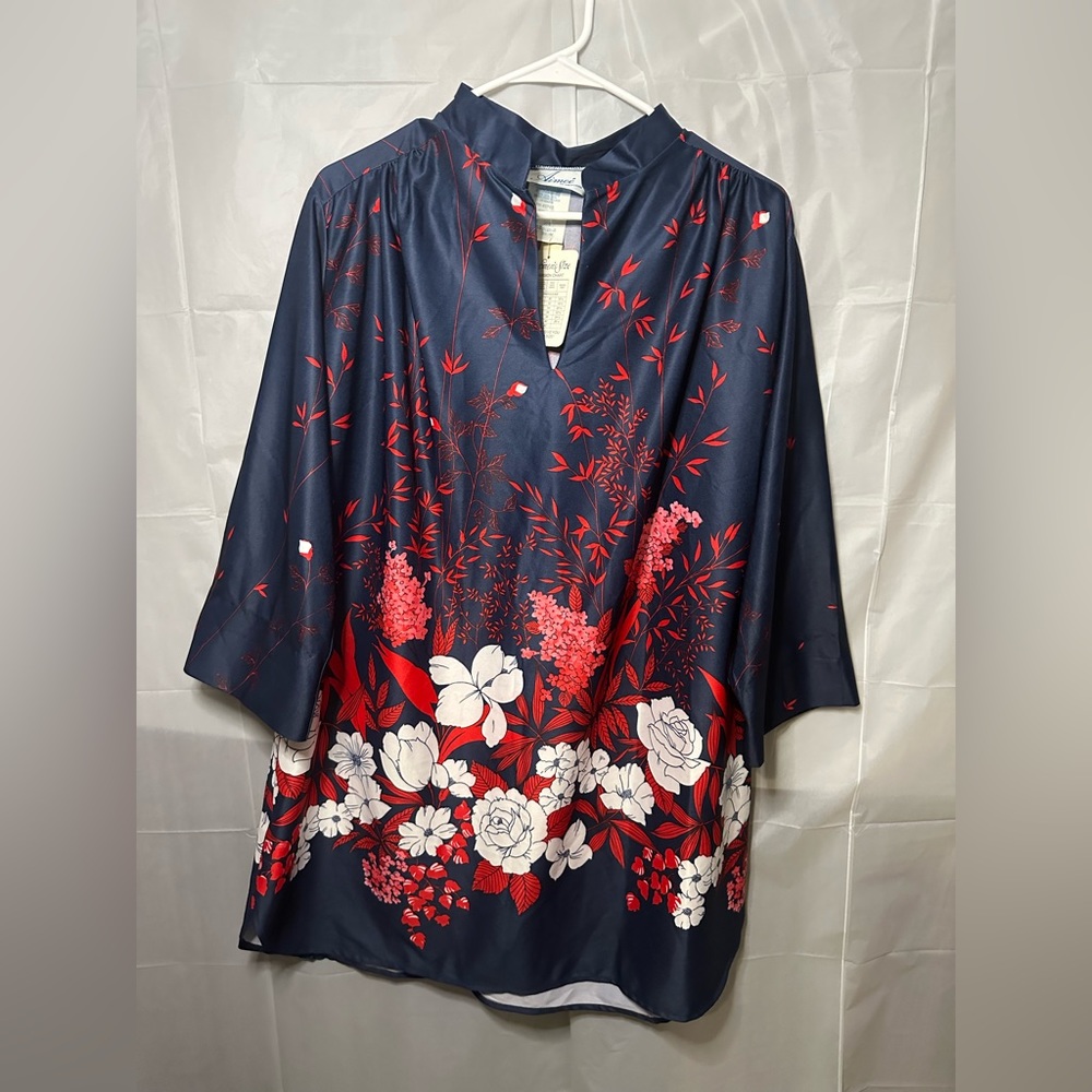 Aimee of California L vintage 80's navyblue,red,white floral rose blouse